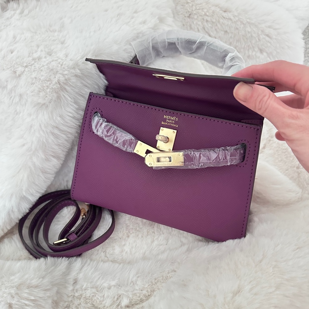 Top Handle, Crossbody Classic Mini Epsom Bag with Gold Hardware in Deep Purple - Picture 10 of 10